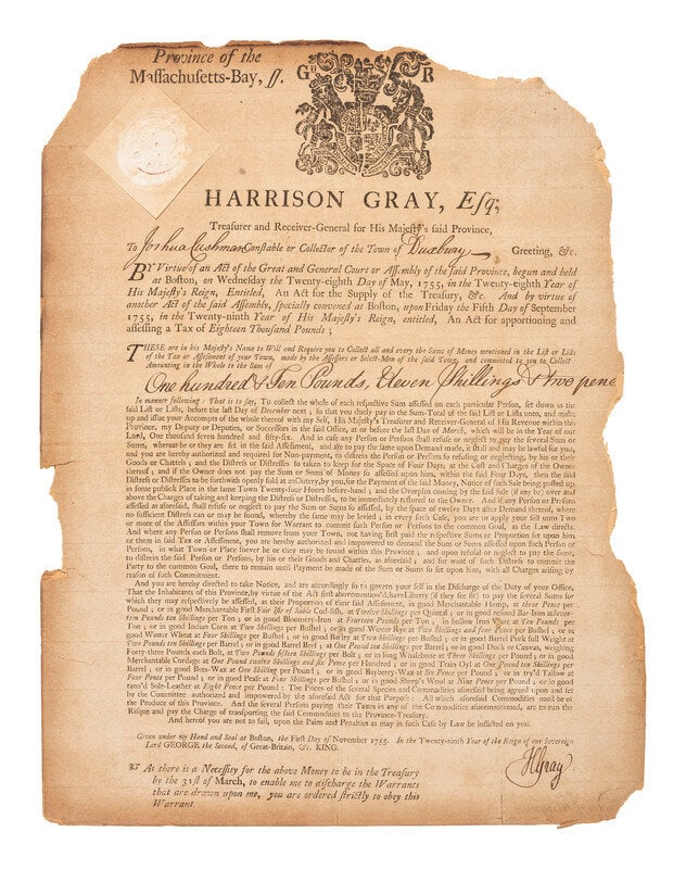 [COLONIAL]. GRAY, Harrison (1711-1794). Broadside signed. Boston, 1 Nov. 1755. (1 of 2)
