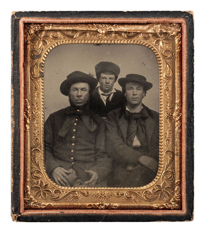 [CIVIL WAR] Sixth plate tintype of three men of varying ages, with a possible Pennsylvania Bucktail. (1 of 1)