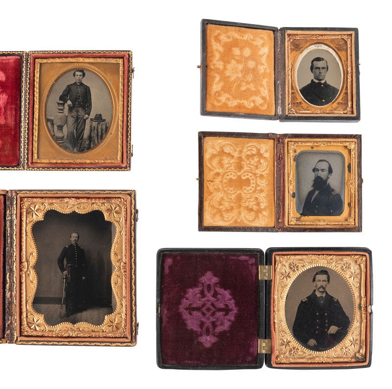 [CIVIL WAR] 5 cased tintypes of officers incl. company grade officer with 1850 Foot Officer's Sword.: [CIVIL WAR] 5 cased tintypes of officers incl. company grade officer with 1850 Foot Officer's Sword. Quarter plate full standing portrait of an infantry company grade officer holding an 1850 Foot Offi