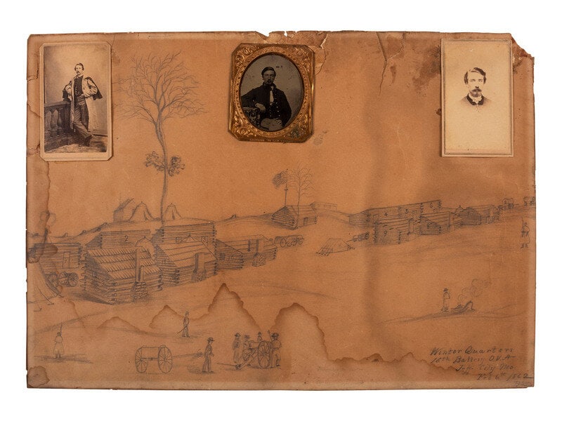 [CIVIL WAR] 16th OH Battery Archive, incl. hand-drawn camp scene, escutcheon, war-date diary, CDVs. (1 of 18)