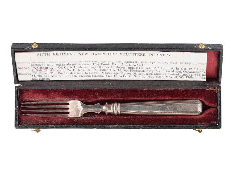 [CIVIL WAR]. Silver fork tentatively identified to Capt. William A. Moore, 5th NH Infantry, KIA Fred (1 of 3)