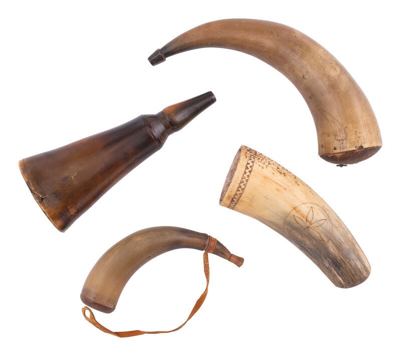 [MILITARIA]. 4 powder horns with accompanying artifacts from the Estate of Carroll J. Delery III.  (1 of 3)