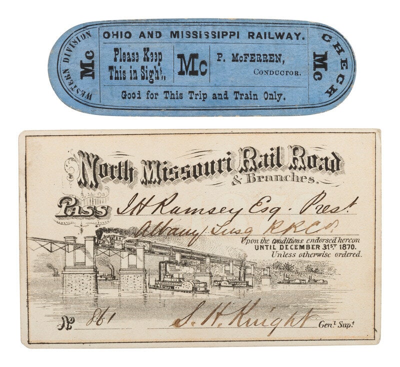 [RAILROAD]. 2 railroad passes for the North Missouri and Ohio & Mississippi Railroads. : [RAILROAD]. 2 railroad passes for the North Missouri and Ohio & Mississippi Railroads. North Missouri Rail Road & Branches. 2 3/8 x 4 in. partially printed pass issued to "J.H. Ramsey Esq. Pre