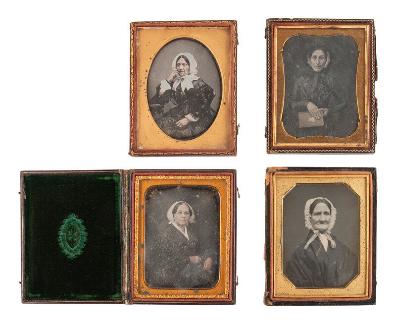 [EARLY PHOTOGRAPHY]. 17 quarter plate daguerreotypes featuring women wearing bonnets. : [EARLY PHOTOGRAPHY]. 17 quarter plate daguerreotypes featuring women wearing bonnets. Seated portrait of a mature woman wearing glasses and a bonnet, her face and hands with pink tinting. (Tarnishing,