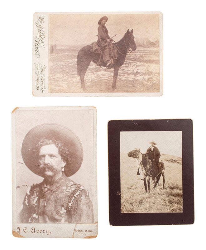 [WESTERN AMERICANA]. A group of 6 photographs of cowboys and ranch scenes. : [WESTERN AMERICANA]. A group of 6 photographs of cowboys and ranch scenes. Lot comprised of 6 photographs, including: Cabinet card, outdoor view of a cowboy on horseback with a rifle in hand. Chicago,