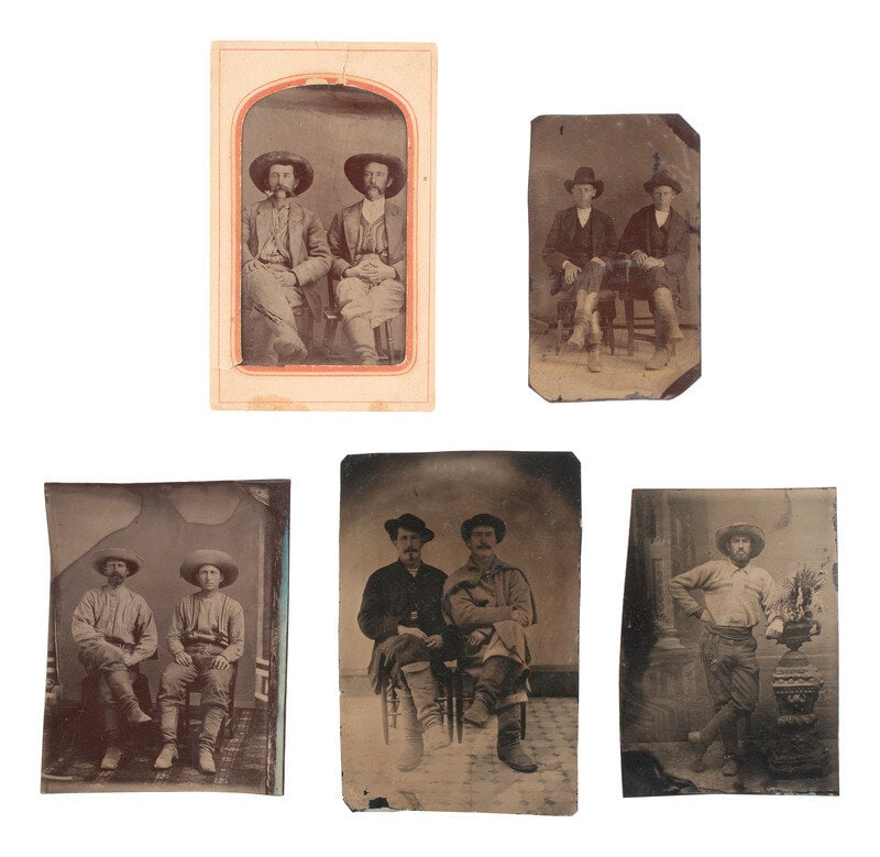 [WESTERN AMERICANA]. 10 tintypes, incl. pairs of cowboys and other rough-and-tumble characters.  (1 of 2)