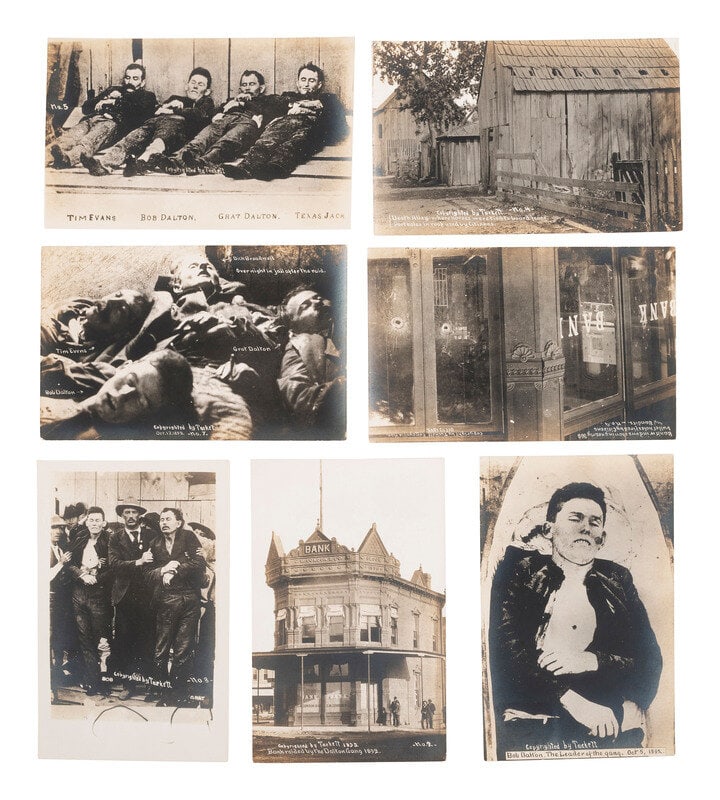 [OUTLAWS]. A group of 7 RPPCs of the Dalton Gang following the Coffeyville, KS, raid, by Tackett. : [OUTLAWS]. A group of 7 RPPCs of the Dalton Gang following the Coffeyville, KS, raid, by Tackett. The lot is comprised of 7 real photo postcards, each approx. 3 3/8 x 5 3/8 in., or smaller. Each