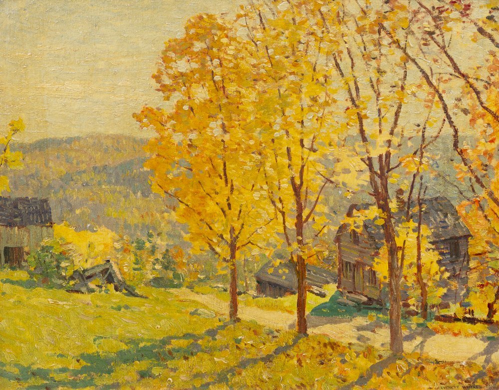 Everett Longley Warner, (American, 1877-1963), Fall: Everett Longley Warner (American, 1877-1963) Fall Country Day oil on board signed Everett Warner (lower right) 12 1/2 x 16 inches.