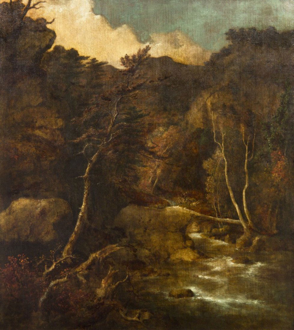 George Inness, (American, 1825-1894), Mountain Torre: George Inness (American, 1825-1894) Mountain Torrent, c. 1852-3 oil on canvas initialed G.I. (lower left) 59 1/2 x 52 1/2 inches. Provenance: Ogden Haggerty, New York Willia