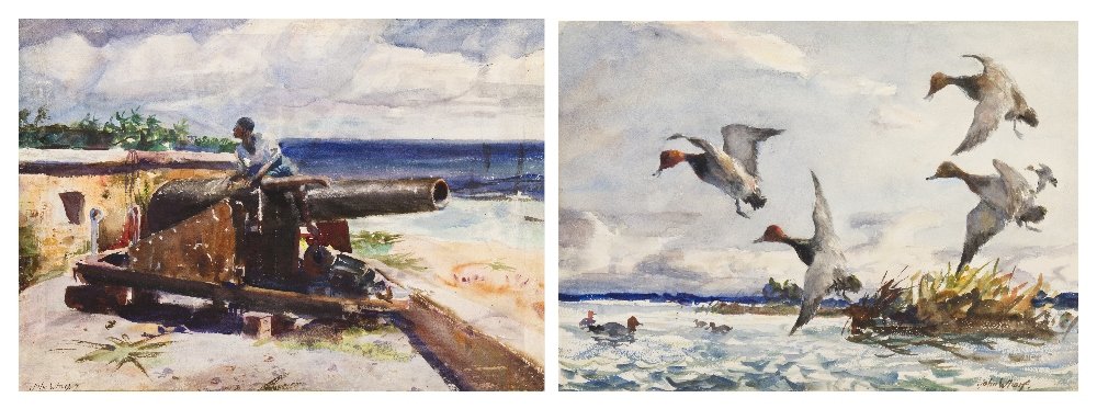 John Whorf, (American, 1903-1959), Man with Cannon: John Whorf (American, 1903-1959) Man with Cannon and Ducks in Flight (double sided) watercolor signed John Whorf (lower right) 19 1/2 x 14 1/2 inches.