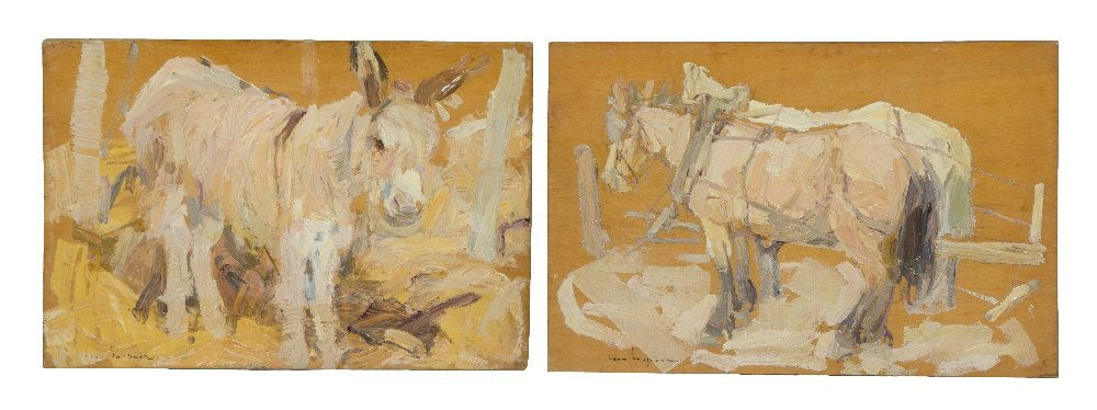 Leon Schulman Gaspard, (American/Russian, 1882-1964: Leon Schulman Gaspard (American/Russian, 1882-1964) Harnessed Horses and Mule (a pair of works) oil on board Each: signed Leon Gaspard (lower left) Each: 4 3/4 x 7 inches.