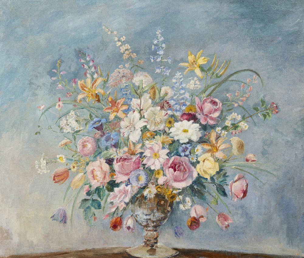 Max Kuehne, (American, 1880-1968), Still Life with: Max Kuehne (American, 1880-1968) Still Life with Flowers oil on canvas signed Kuehne (lower right) 34 x 40 inches. Property from the Collection of Ms. Martha Goodell, Madison, Wiscons