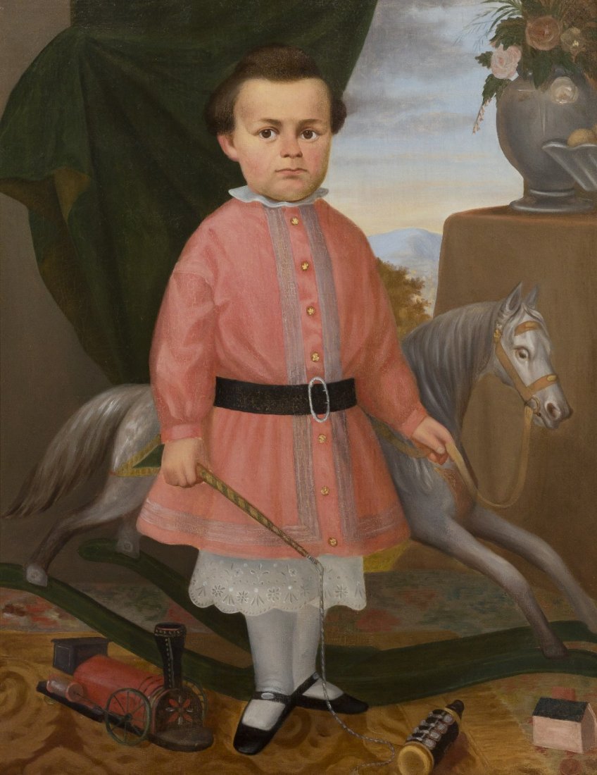 Attributed to Joseph Whiting Stock, (American, 1815: Attributed to Joseph Whiting Stock (American, 1815-1855) Portrait of a Boy with a Toy Locomotive and a Hide Covered Rocking Horse oil on canvas 35 1/2 x 27 1/4 inches. Property from the Collection of