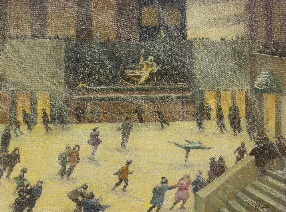 Will Shuster, (American, 1893-1969), The Ice Rink a: Will Shuster (American, 1893-1969) The Ice Rink at Rockefeller Center oil on board signed Will Shuster (lower right) 18 x 24 inches.