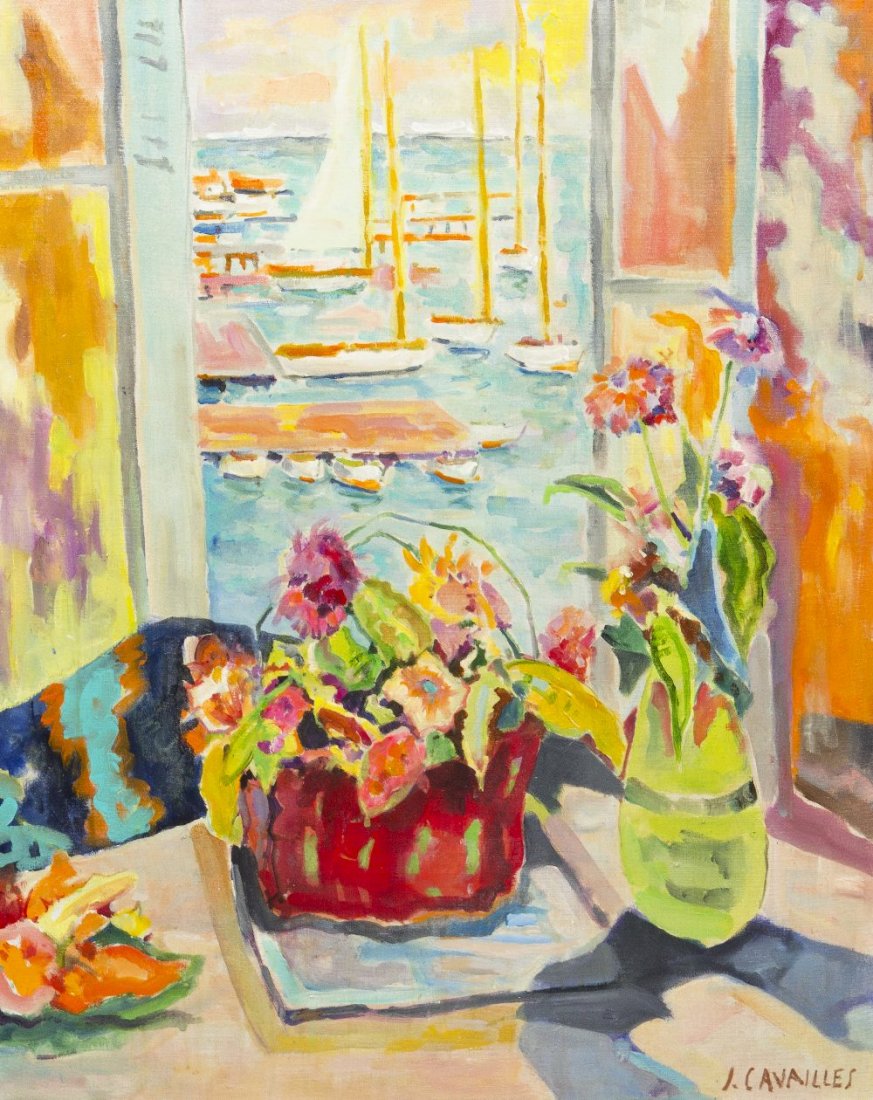 Jean Jules Louis Cavailles, (French, 1901-1977), V: Jean Jules Louis Cavailles (French, 1901-1977) Vase de fleurs, Port Mediterraneen oil on canvas signed J. Cavailles (lower right) 31 3/4 x 25 1/4 inches. Provenance: David B. F
