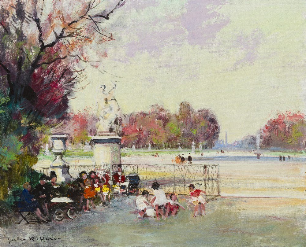 Jules Rene Herve, (French, 1887-1981), Apres midi: Jules Rene Herve (French, 1887-1981) Apres midi au Jardin des Tuileries oil on canvas signed Jules R Herve (lower right); signed and titled (verso) 18 x 22 inches.
