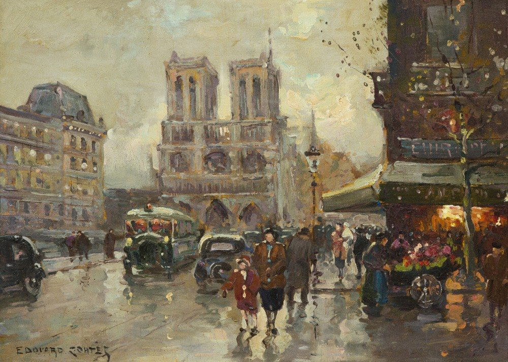 Edouard Leon Cortes, (French, 1882-1969), Eglise (: Edouard Leon Cortes (French, 1882-1969) Eglise (Notre Dame), c. 1958 oil on canvas signed Edouard Cortes (lower left) 13 x 18 inches. David Klein has kindly confirmed the authenti