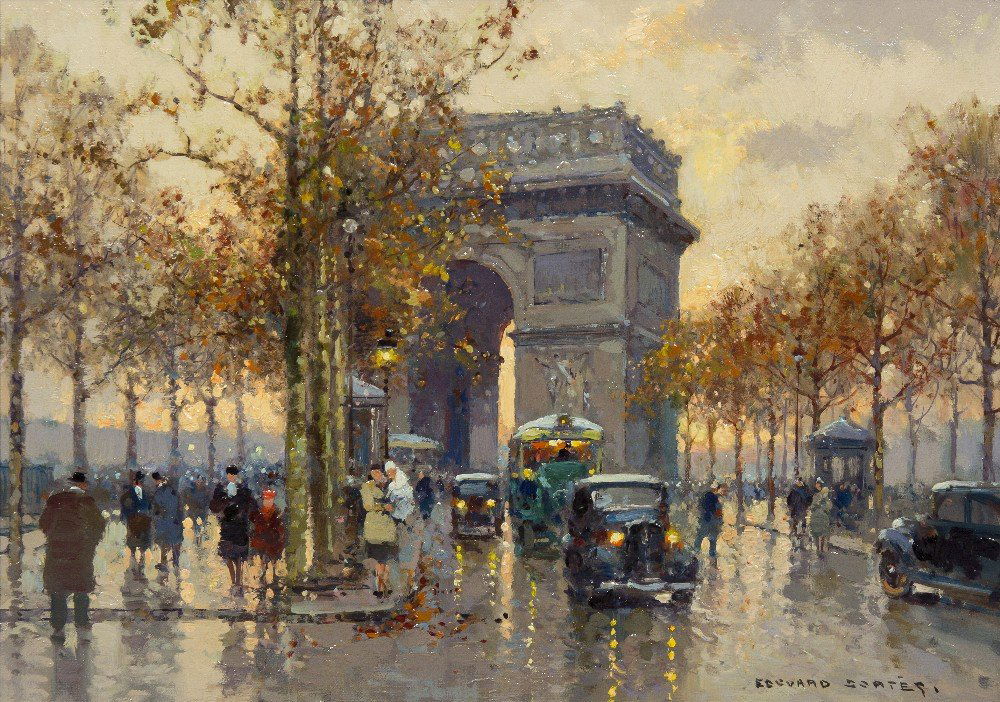 Edouard Leon Cortes, (French, 1882-1969), Champs E: Edouard Leon Cortes (French, 1882-1969) Champs Elysee - Arc de Triumph, c. 1940 oil on canvas signed Edouard Cortes (lower right) 13 x 18 inches. David Klein has kindly confirmed