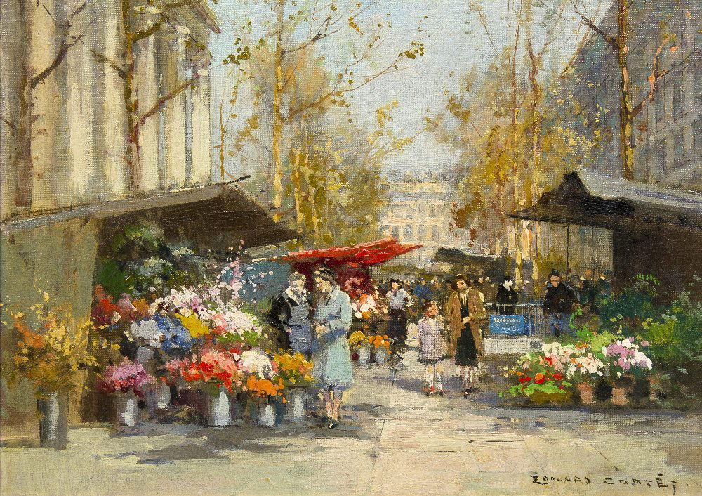 Edouard Leon Cortes, (French, 1882-1969), Flower M: Edouard Leon Cortes (French, 1882-1969) Flower Market at the Madeleine, c. 1955 oil on canvas signed Edouard Cortes (lower right) 13 x 18 inches. David Klein has kindly confirmed