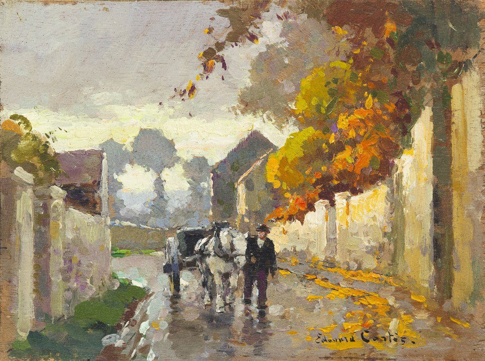 Edouard Leon Cortes, (French, 1882-1969), Approach: Edouard Leon Cortes (French, 1882-1969) Approaching the Village, c. 1945 oil on board signed Edouard Cortes (lower right) 6 x 8 inches. David Klein has kindly confirmed the authen