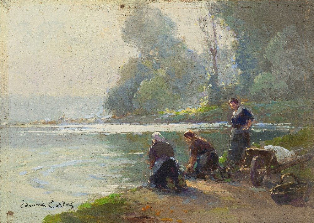 Edouard Leon Cortes, (French, 1882-1969), Washday,: Edouard Leon Cortes (French, 1882-1969) Washday, c. 1945 oil on board signed Edouard Cortes (lower left) 6 x 8 inches. David Klein has kindly confirmed the authenticity of this wo