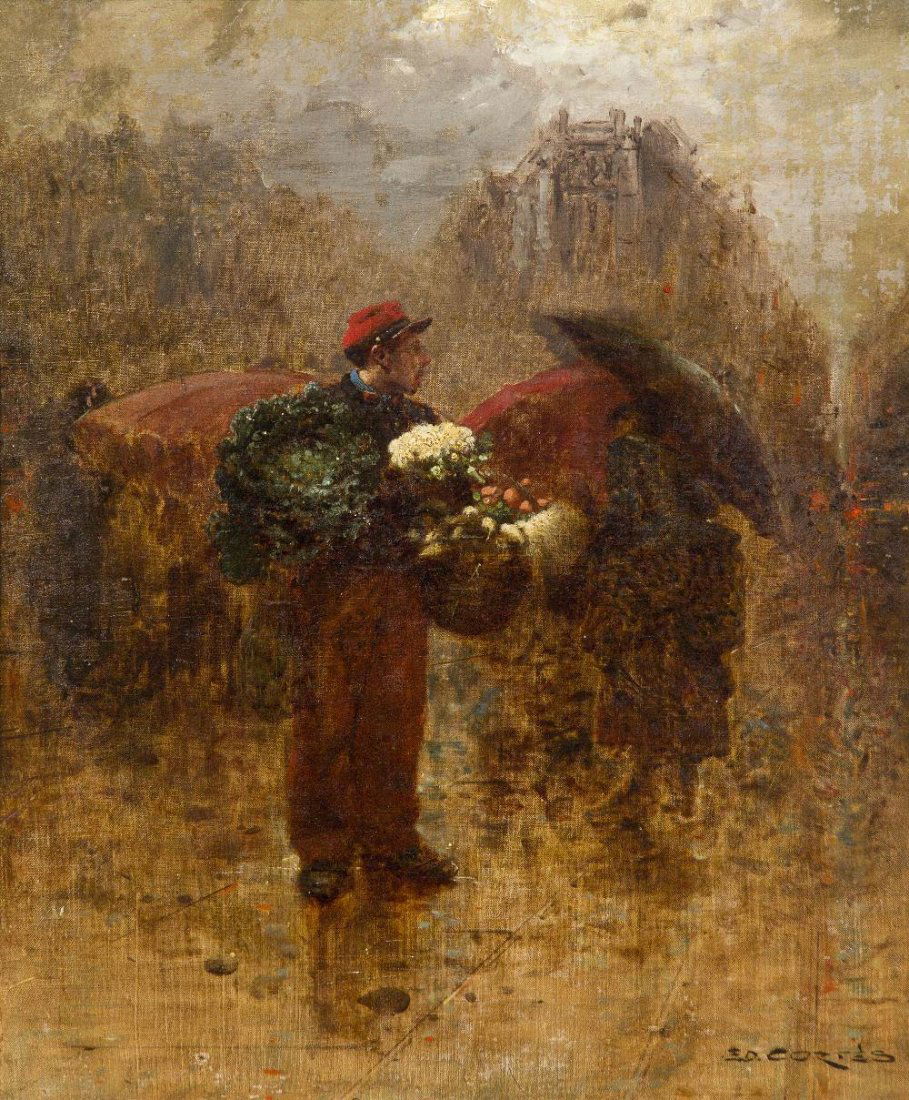 Edouard Leon Cortes, (French, 1882-1969), Street S: Edouard Leon Cortes (French, 1882-1969) Street Scene with Flower Seller, c. 1930 oil on canvas signed Ed. Cortes (lower right) 18 x 15 inches. David Klein has kindly confirmed the