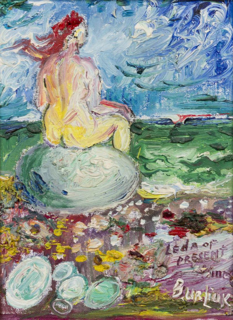 David Davidovich Burliuk, (American/Ukrainian, 188: David Davidovich Burliuk (American/Ukrainian, 1882-1967) Leda of Present oil on canvasboard signed Burliuk and titled (lower right) 12 x 9 inches. Property from the Estate of a Florid