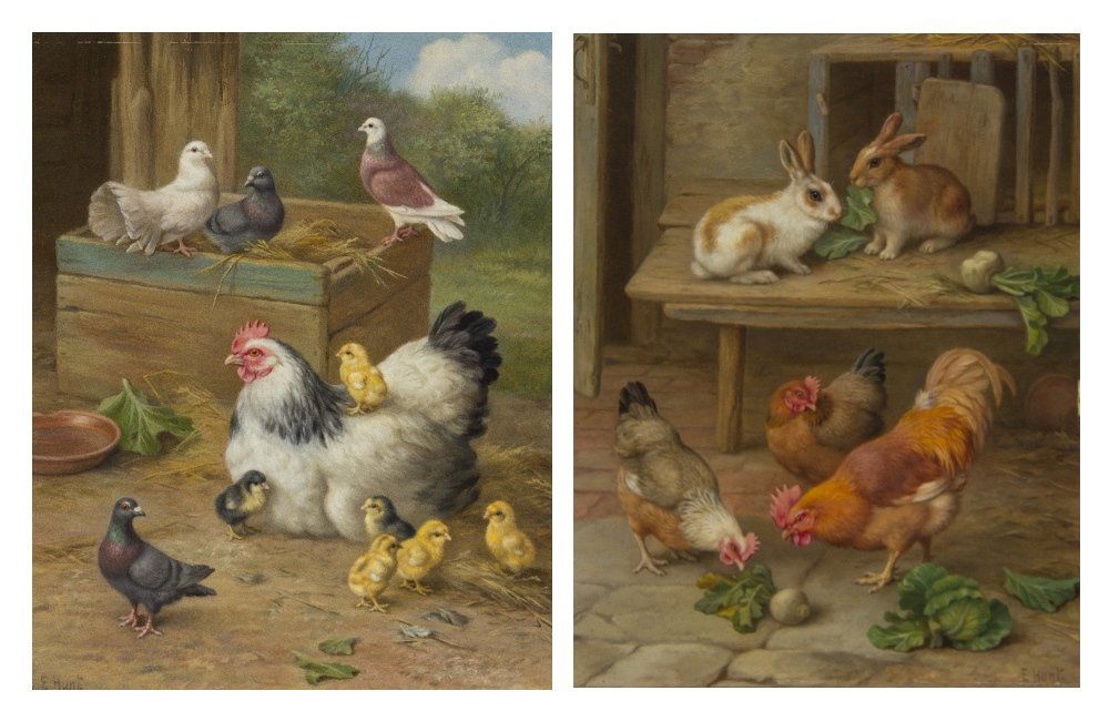 Edgar Hunt, (British, 1876-1953), Cockerels and Pi: Edgar Hunt (British, 1876-1953) Cockerels and Pigeons and Roosters and Rabbits (a pair of works) oil on canvasboard each signed E. Hunt (lower right) Each: 10 x 8 inches. <