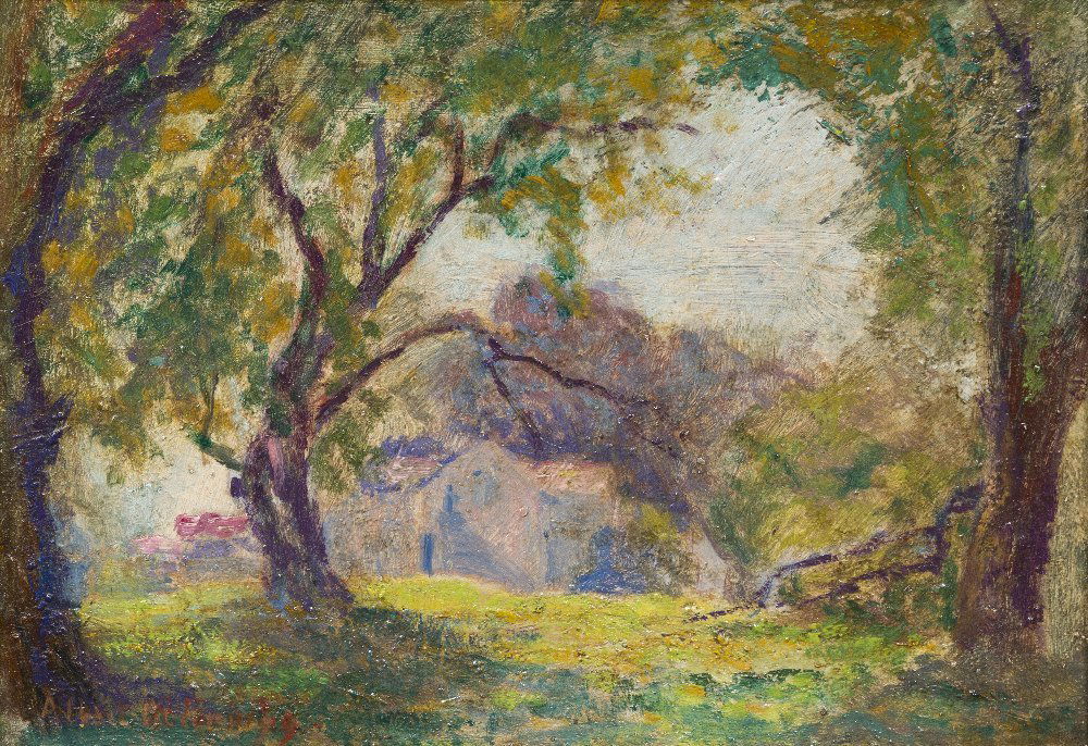 Albert Auguste Fourie, (French, 1854-1896), Monet: Albert Auguste Fourie (French, 1854-1896) Monet a Giverny maison oil on board signed Albert A. Fourie (lower left); titled (verso) 10 x 14 inches.