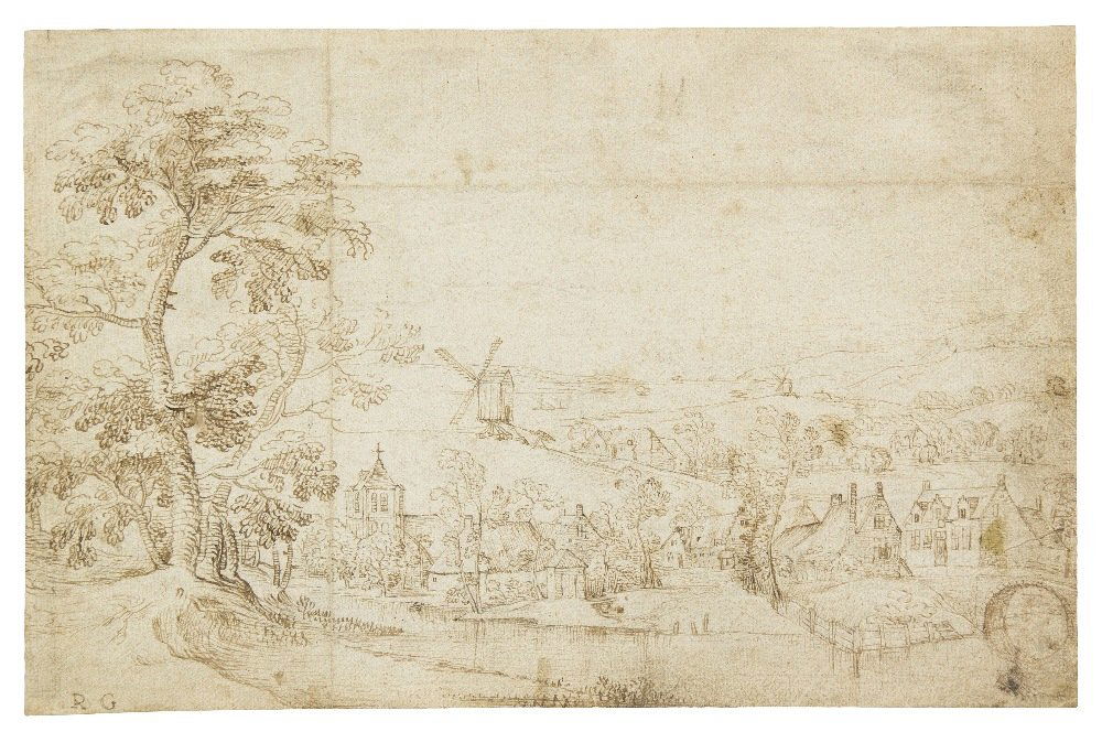 Jacob Grimmer, (Flemish, 1525-1590), Village by Ri: Jacob Grimmer (Flemish, 1525-1590) Village by River with Bridge and Two Windows A study with differences for the print by Cornelis Visscher (H.G. Franz, Niederlandische Landschaftsmalerei, Graz, 1969,