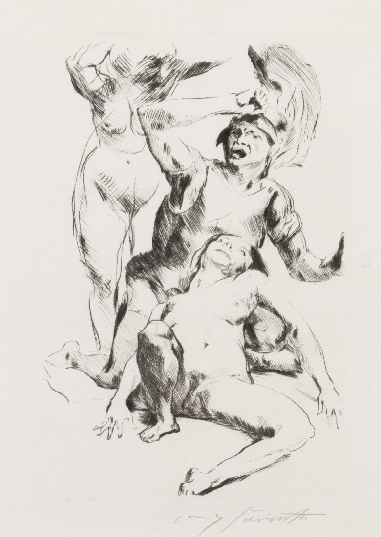 Lovis Corinth, (German, 1858-1925), Theseus and Ar: Lovis Corinth (German, 1858-1925) Theseus and Ariadne I, 1914 etching, I.B. Neumann, pub. edition of 40, signed Lovis Corinth (lower right) 11 1/4 x 7 1/2 inches. Ref: Schwarz, 177