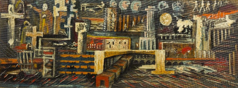 Aref el Rayess, (Lebanese, 1928-2005), Untitled,: Aref el Rayess (Lebanese, 1928-2005) Untitled, 1961 oil on masonite signed Rayess and dated (lower right) 19 1/2 x 51 inches.