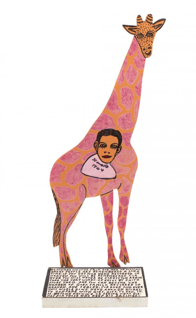 Howard Finster, (American, 1916-2001), Giraffe, 1: Howard Finster (American, 1916-2001) Giraffe, 1993 mixed media signed Howard Finster and dated (verso) Height: 18 inches.
