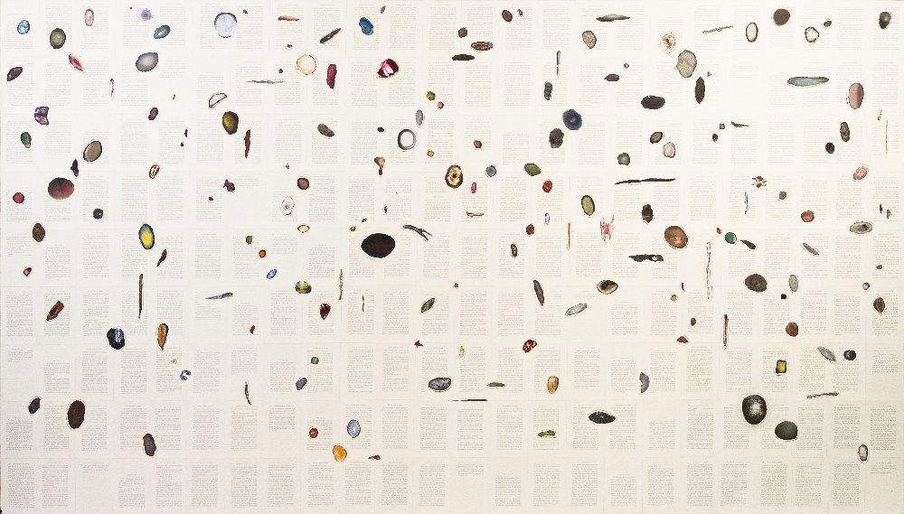 Tim Rollins and K.O.S., (American, b. 1955), The: Tim Rollins and K.O.S. (American, b. 1955) The Red Badge of Courage VII, 1986-87 mixed media on canvas signed, titled and dated (verso) 74 1/2 x 130 inches. Provenance: Brooke Alexander, New