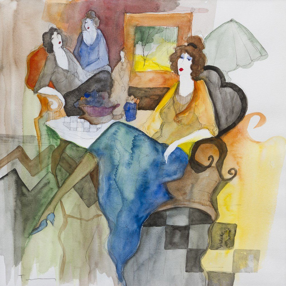 Itzchak Tarkay, (Israeli, 1935-2012), In the Parl: Itzchak Tarkay (Israeli, 1935-2012) In the Parlor watercolor and ink signed Tarkay (lower left) 15 1/4 x 15 1/4 inches.