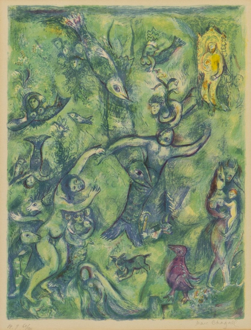 Marc Chagall, (French/Russian, 1887-1985), Abdull: Marc Chagall (French/Russian, 1887-1985) Abdullah discovered before him and on his right and left mountains of water, plate 9 (from Four Tales from the Arabian Nights suite) lithograph edition