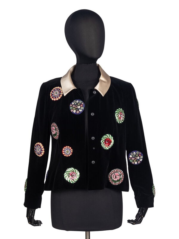 Chanel Velvet Jacket with Lesage Embroidery, 1990: Chanel Velvet Jacket with Lesage Embroidery, 1990 Cropped boxy jacket in black cotton-silk blend velvet. Cream satin collar. Features circular Lesage-embroidered sequin & bead multicolor medallio