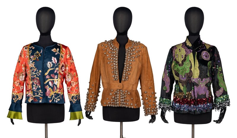 Valentino and Etro Jackets: Valentino and Etro Jackets THE FIRST Evening jacket in multicolor silk charmeuse with all-over floral motif sequin embellishments. Collarless; full-length sleeves with flounces at hems. Fabric cov