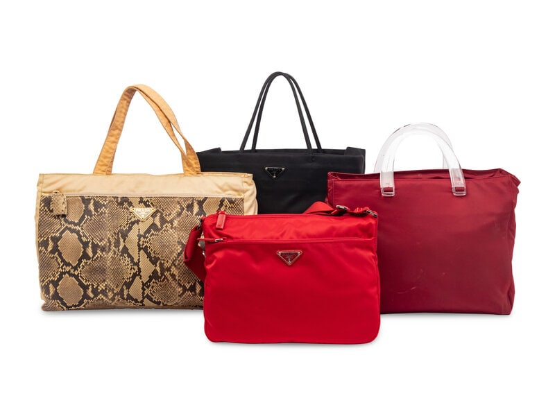 Four Prada Nylon Handbags: Four Prada Nylon Handbags THE FIRST Tote Bag in Tan Nylon and Python Skin. Label: Prada Date: 1990's-2000's Country of Origin: Italy Approximate Dimensions 15.5" W x 11.5" H