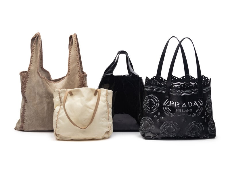 Four Prada Tote Bags: Four Prada Tote Bags THE FIRST Shopping Tote in Taupe Suede with Tan Crochet Accents. Label: Prada Date: 1990's-2000's Country of Origin: Italy Approximate Dimensions 16" W