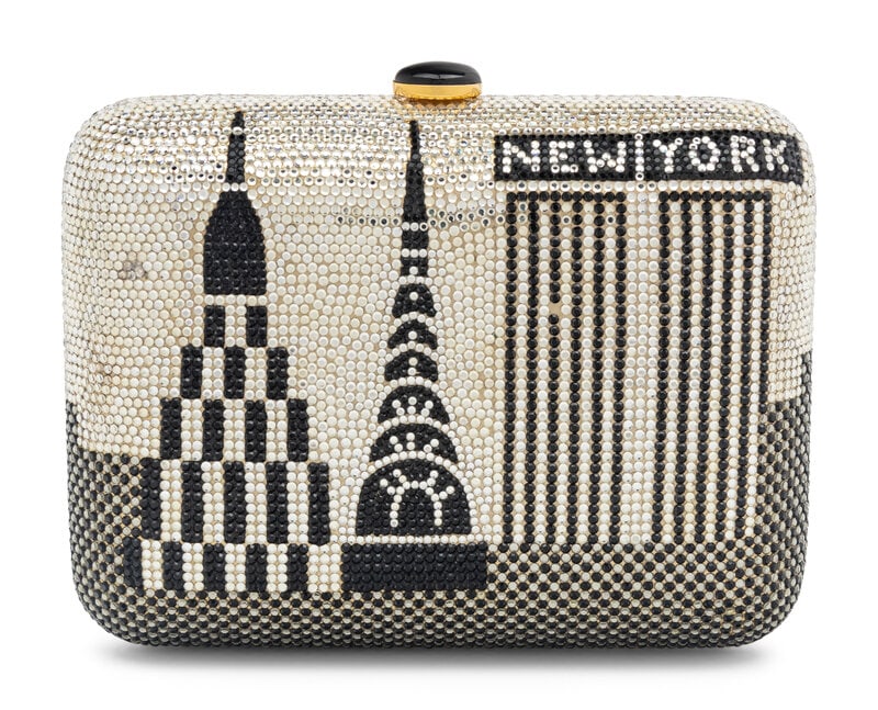 Judith Leiber New York City Miniaudière: Judith Leiber New York City Miniaudière New York City-themed miniaudière in gold-tone metal with multicolor crystal embellishments throughout. Features a push-lock closure, retractable chai