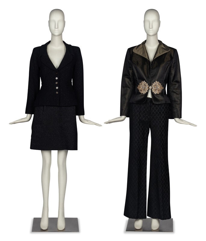 Two Chloé Suit Ensembles: Two Chloé Suit Ensembles THE FIRST Tailored hip-length jacket in black wool shimmery crêpe. Rounded notch lapels. Light shoulder padding. Full length incorporated sleeves. Shaped mid-sec