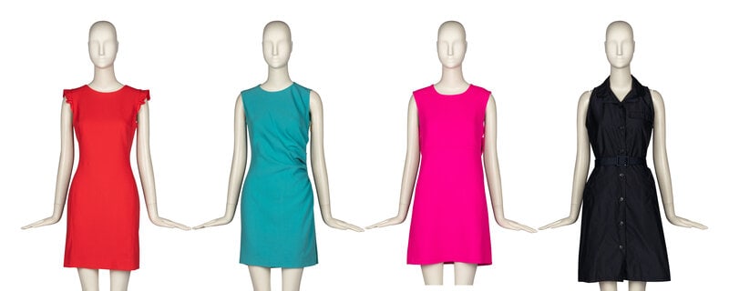Two Pucci & Two Prada Dresses: Two Pucci & Two Prada Dresses THE FIRST Sleeveless sheath dress in coral wool-blend crêpe. Collarless round neckline. Flounces at shoulders. Knee length. Exposed gold-tone metal zipper cl