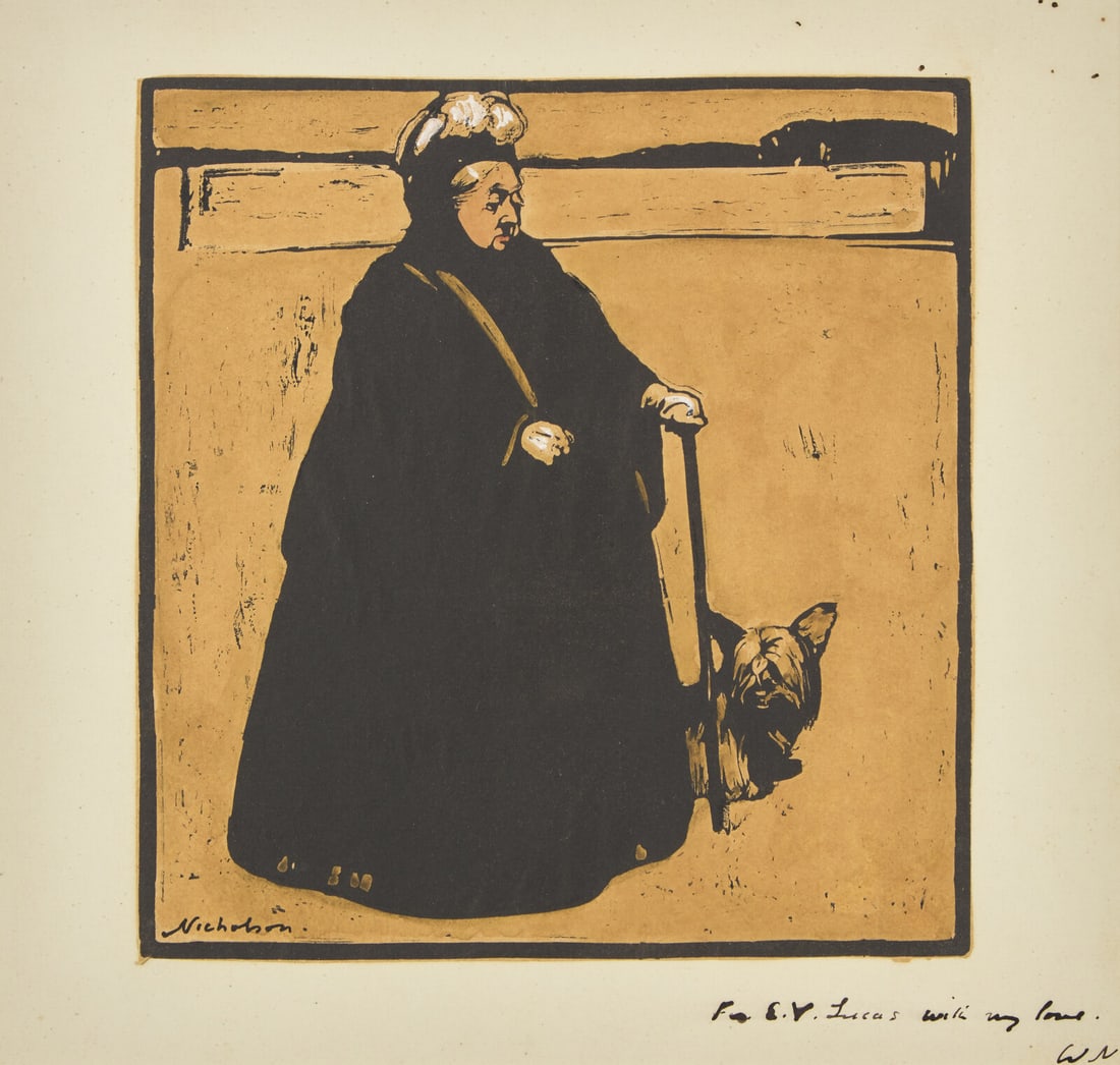 William Nicholson (British, 1872–1949) Queen Victoria: William Nicholson (British, 1872–1949) Queen Victoria woodblock print heightened in white and red watercolor signed Nicholson (lower left in plate); also inscribed and signed For E.V. Lucas with lov