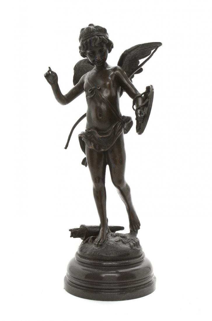 A Patinated Bronze Figure of Cupid, after Auguste M: A Patinated Bronze Figure of Cupid, after Auguste Moreau (French, 1834-1917), depicted standing with a shield and bow with a quiver at his feet, raised on a naturalistic base, further set on a stepped