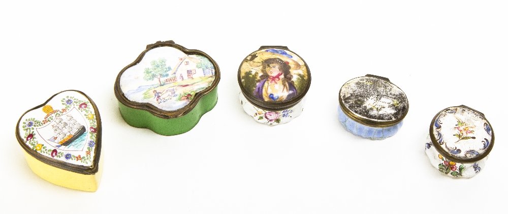 Five Enameled Pill Boxes, Width of widest 2 1/4 in: Five Enameled Pill Boxes, two of circular form, one oval, one heart-shaped and one lobed, each having various decorations to lid. Width of widest 2 1/4 inches. Property from a Distinguished Private Co