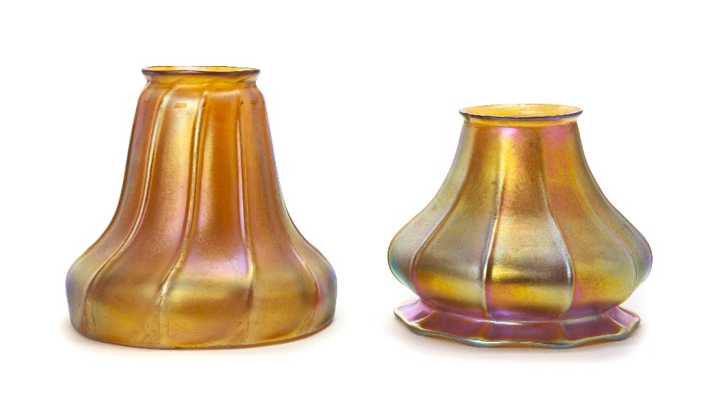 Two Tiffany Studios Favrile Glass Shades, Height o: Two Tiffany Studios Favrile Glass Shades, of bell form. Height of taller 5 3/4 inches. Property from The Private Collection of A Lady, Lansing, Michigan