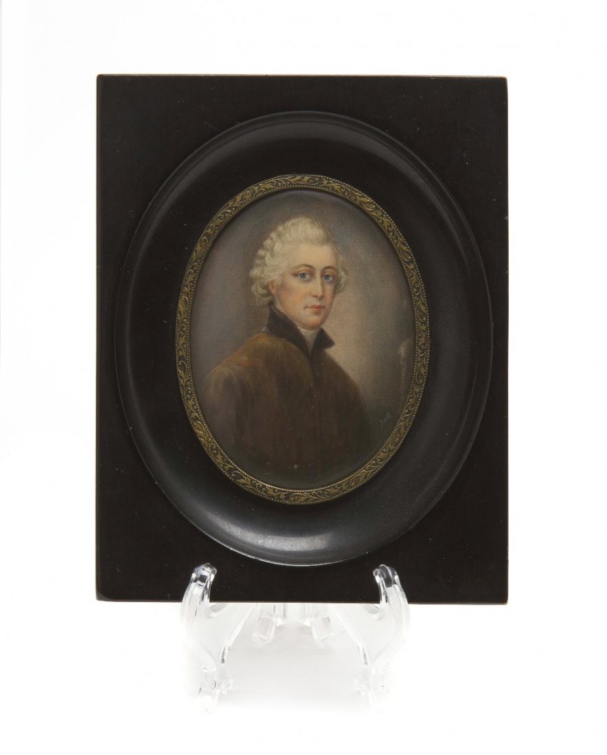 A Continental Portrait Miniature, Height 5 5/8 x w: A Continental Portrait Miniature, of oval form, depicting a gentleman, signed Smit lower right, set in an ebonized frame. Height 5 5/8 x width 4 1/2 inches. Property from a Distinguished Private Colle