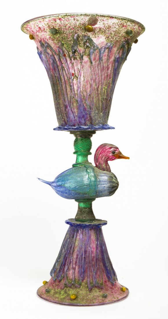 A Studio Glass Vase, Height 28 inches.: A Studio Glass Vase, 20th century, having a conical bowl and foot, joined by a duck formed support. Height 28 inches. Property from the Estate of Norman Frost, Naples, Florida