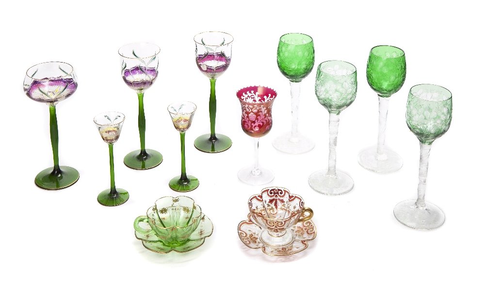 A Collection of Continental Glass Tableware, Heigh: A Collection of Continental Glass Tableware, comprising three Moser wine glasses, two Moser cordials and two Moser cup and saucer sets, four wheel-engraved goblets and an additional stem. Height of fi